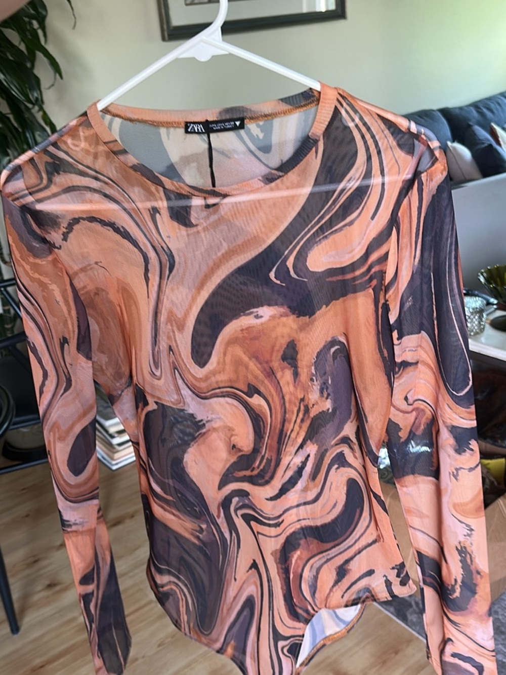 ZARA Peach and Black Marble-Print Long Sleeve Mesh Top